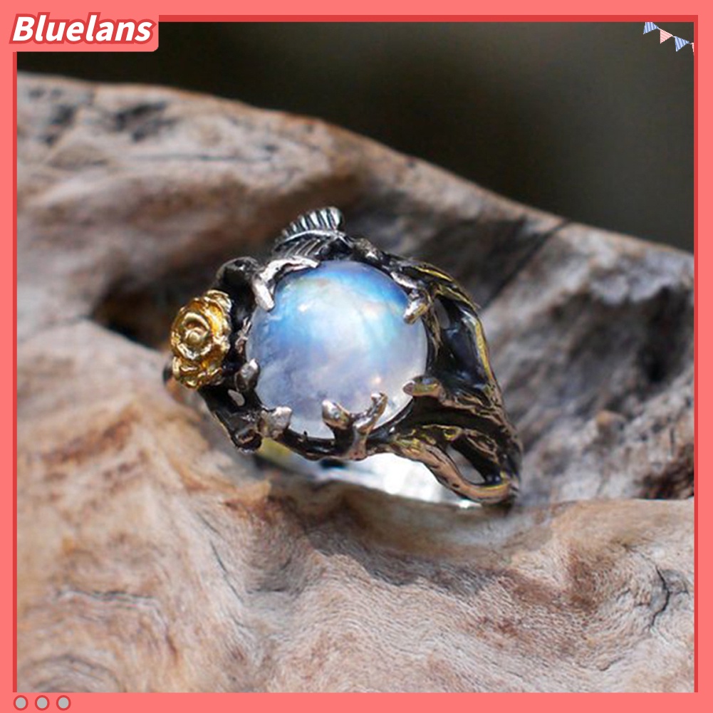 Bluelans Vintage Round Faux Moonstone Inlaid Rose Leaves Women Ring Party Jewelry Decor