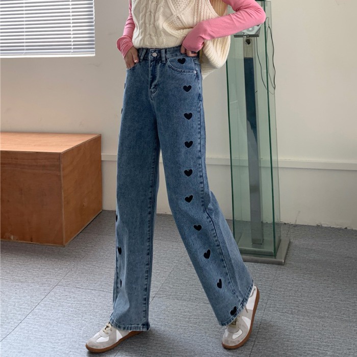 high-waist straight-leg wide-leg jeans celana highwaist wanita /Heart Embroidery Celana Jeans