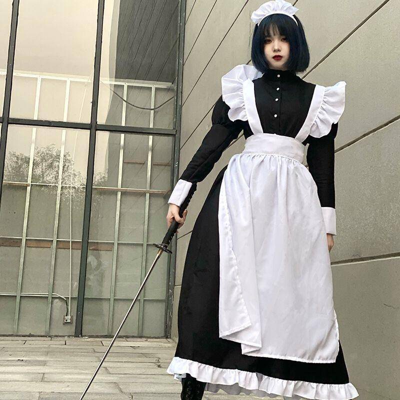 【Wetrose】Pria Wanita Memakai Cosplay Lucu Jepang Lolita Anime Pembantu Loli Hitam Panjang Gaun Kostum Maid Costume Suit