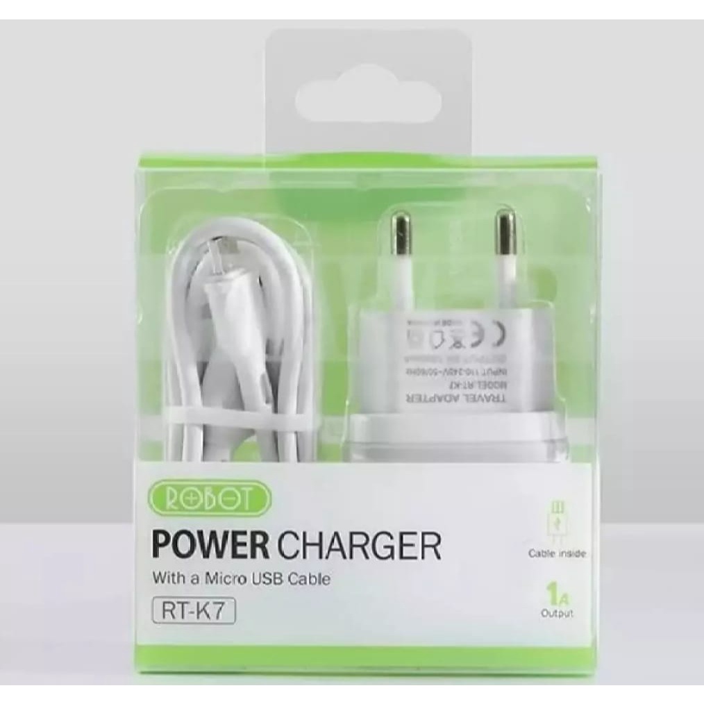 Charger ROBOT K7 ORIGINAL Quick Charge Output 5V/1A Charger ROBOT K7 With Cable Micro USB 1m-Casan Android Support All Smartphone