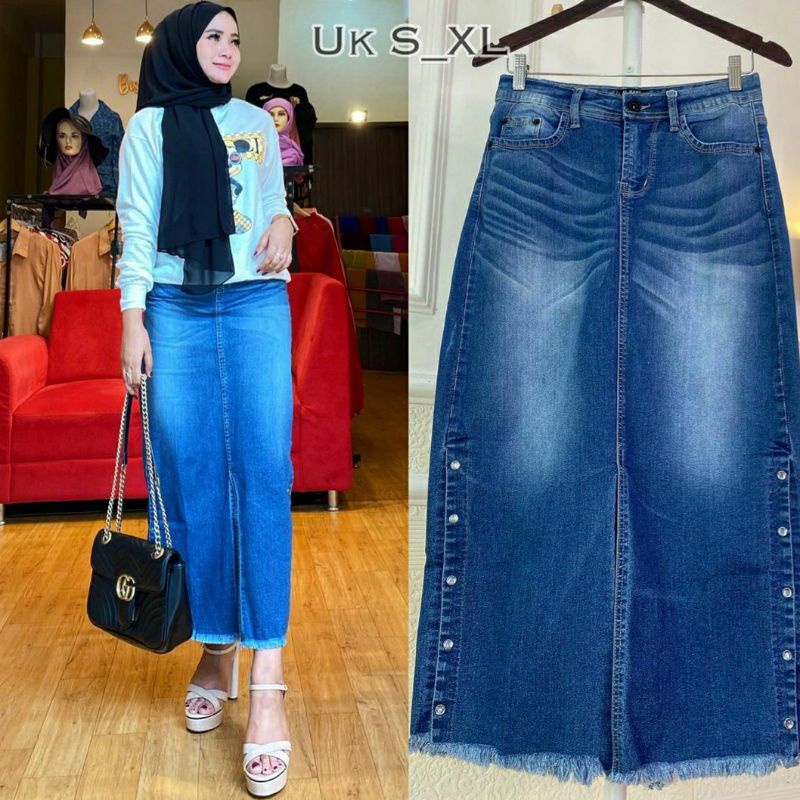 Rok Panjang Jeans Belah Depan Kancing Pinggir Rok Jeans VJ