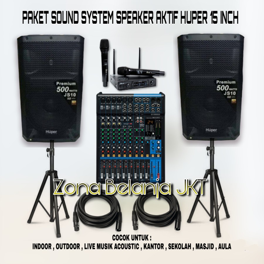 PAKET SOUND SYSTEM SPEAKER HUPER 15 INCH JS10 MIXER YAMAHA 12 CHANNEL MIC WIRELESS UNTUK INDOOR OUTDOOR LIVE MUSIK ORIGINAL ( HM-2 )