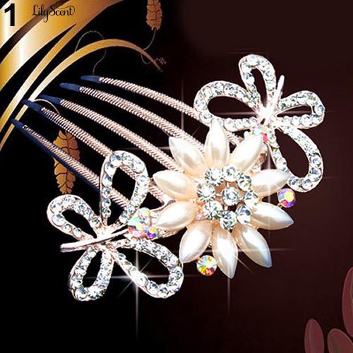 Wedding Bridal Rhinestone Faux Pearls Hairpin Flower Peacock Comb