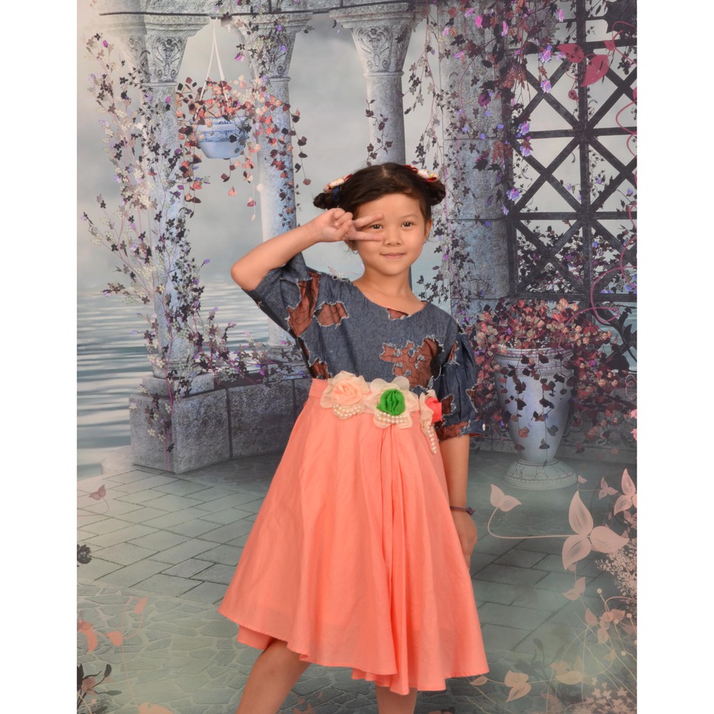 Dress Fashion Casual Anak Perempuan Denim Destroy Kombinasi Katun Jepang