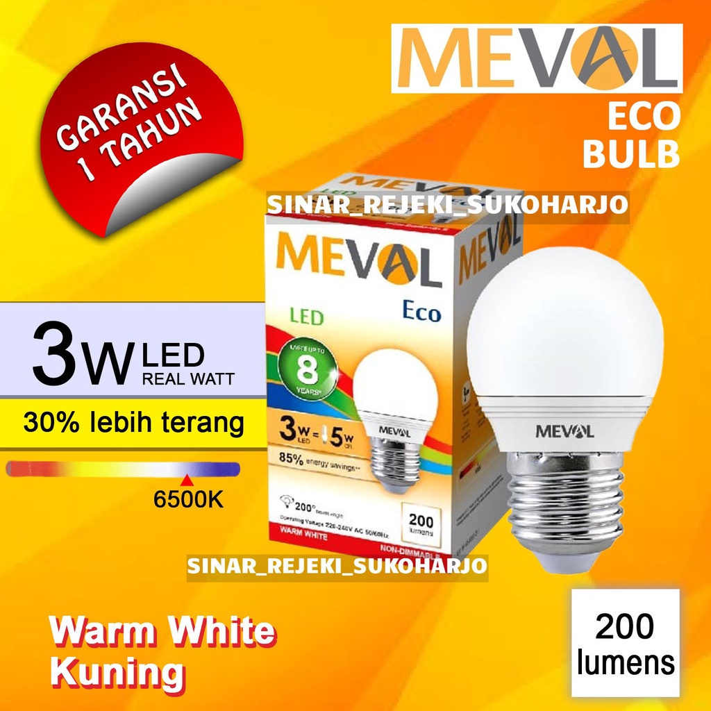 Meval Lampu LED Bulb Eco 3 Watt WW / Warm White Kuning 3W