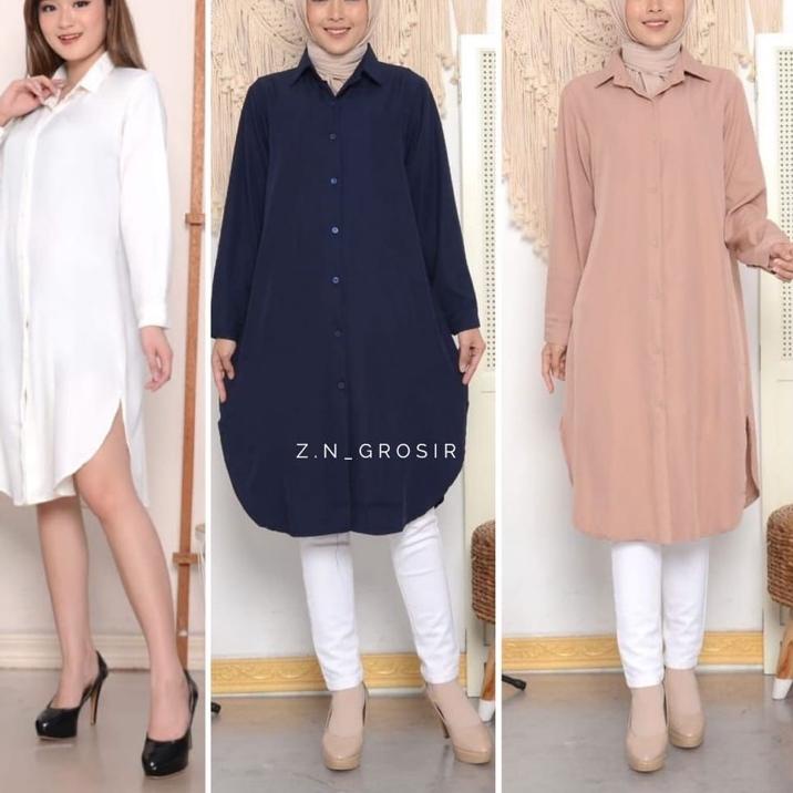 Baju Long Dress Kemeja Tunik Wanita Hitam Putih Polos Jumbo ✓