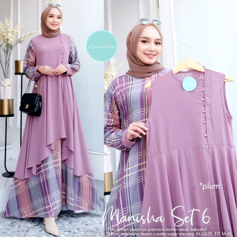 SETELAN GAMIS KATUN RAYON MOTIF KOTAK-KOTAK + OUTER CERUTI POLOS MANISHA SET 6 BY EDELWEISS