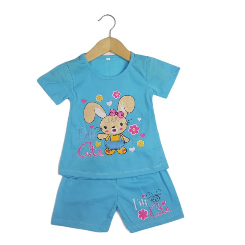 SETELAN SIKUNING PAKAIAN BAJU ANAK PEREMPUAN 2-7 TAHUN MOTIF RABBIT IM CUTE CELANA PENDEK