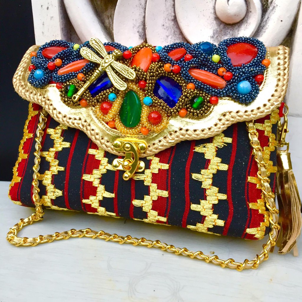 Clutch Tapis Lampung Mix Kulit Ular Piton Maia S Model Awan Rumbai - Tas Kulit Ular Multi Color