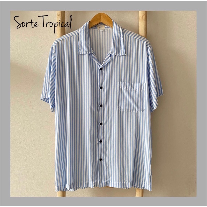 Kemeja Salur Stripe Hawaiian Shirt Sky Blue