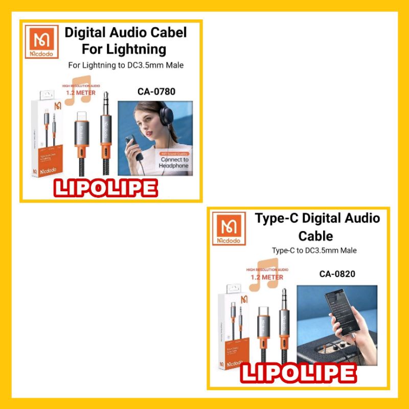 MCDODO KABEL AUX AUDIO TYPE C/LIGHTNING TO DC 3.5MM MALE 1.2M CA0820 CA0780 ORIGINAL
