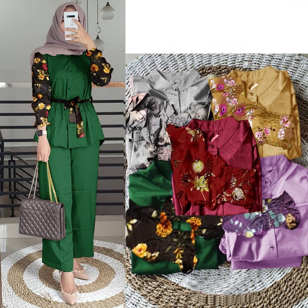 2 UKURAN L XL PAKAIAN WANITA ONE SET OUTFIT CURLA / STELAN CURLA FLOWEN HGO-Flowen Ijo Botol L