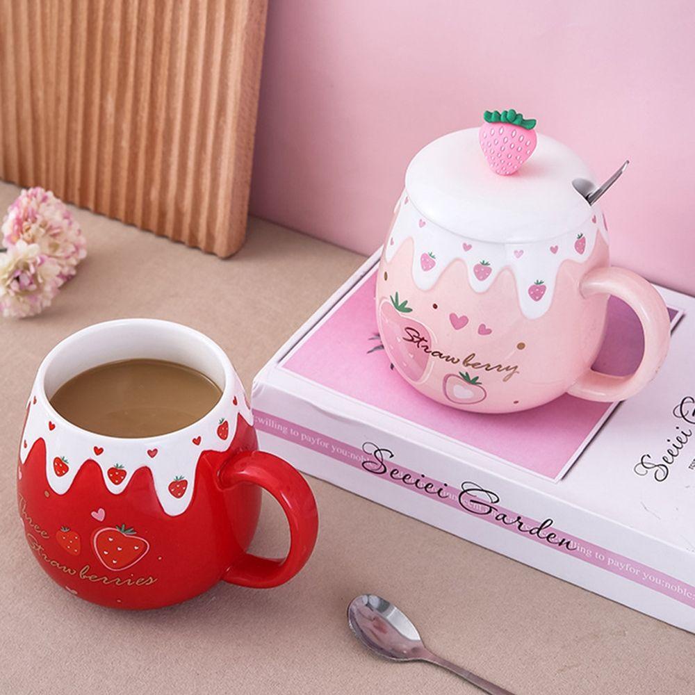 Solighter Strawberry Coffee Mug Sendok Porcelain Tempat Minum Keramik Lucu