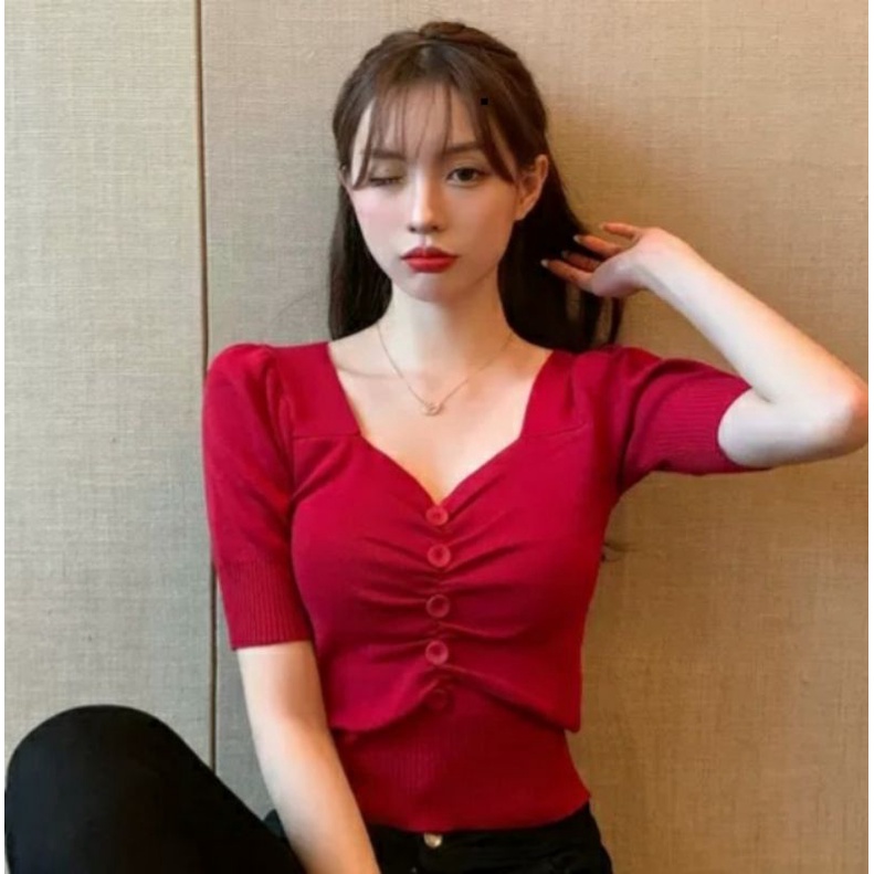 MDLV ~ E150-3 Moletta knit Cropped Top Women Knit Crop Top Atasan Crop Rajut Kancing Serut Crop Top Korea Crop Top Viral Crop Top Rajut Premium Fashion Import