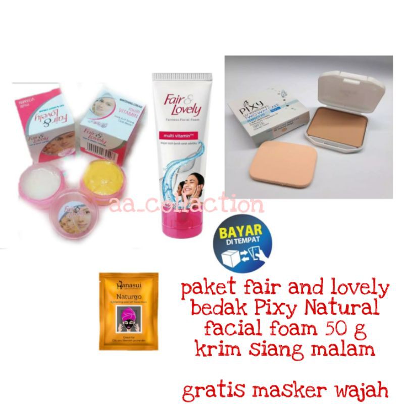 paket makeup bedak Pixy natural/fair and lovely facial foam 50 g/krim siang dan malam /gratis masker