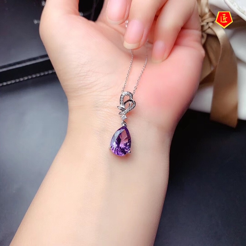 [Ready Stock]Amethyst Necklace Pt950 Water Drop Pear-Shaped Pendant for Women