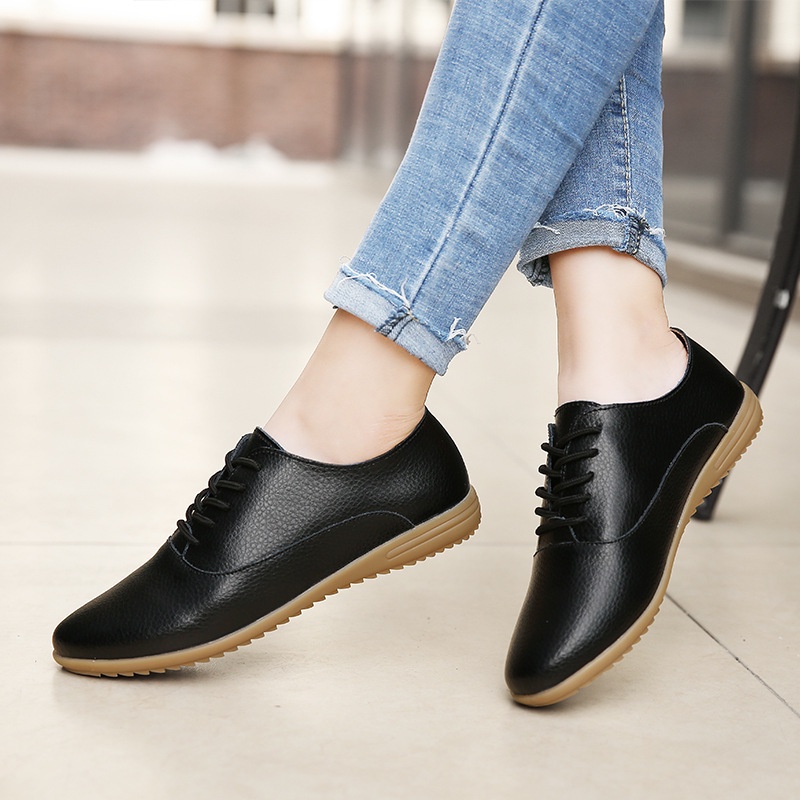 100% Kulit Asli Import Sepatu Kerja Wanita Flat Shoes Nyaman Cewek Kekinian Sepatu Tali Original Oxford Wanita Flatshoes 108