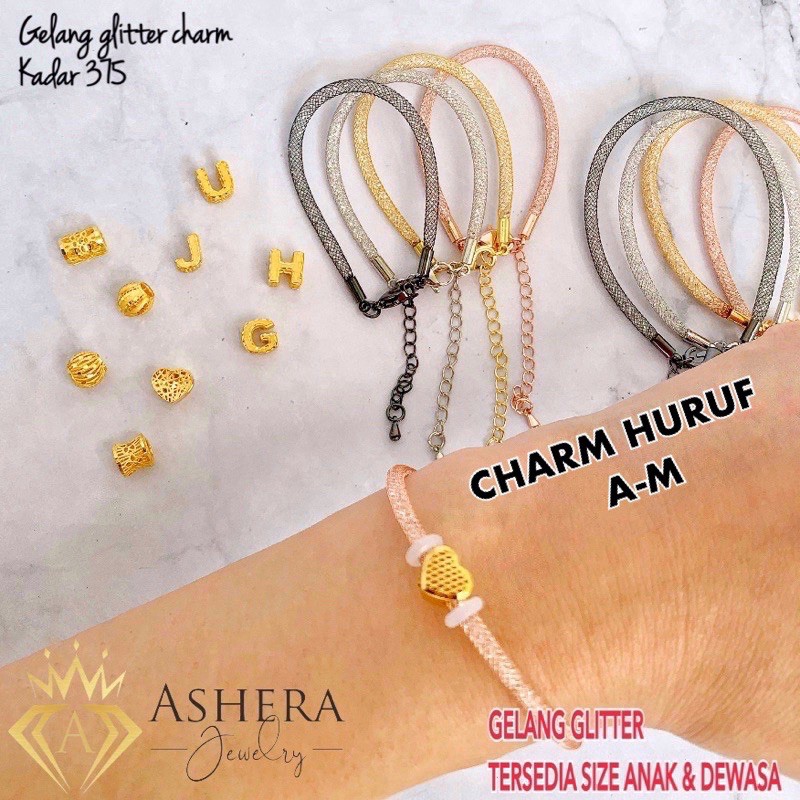 PERHIASAN EMAS ASLI MODEL CHARM GELANG GLITTER BENTUK HURUF KADAR MAS MUDA 375