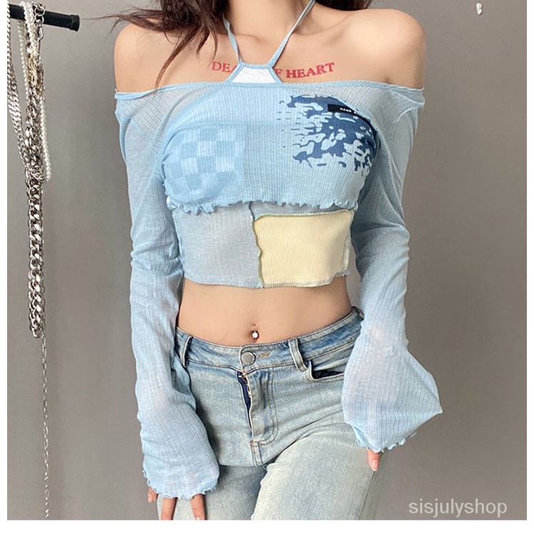 #Sisjuly# Wanita Colorblock Plaid Halter Lace-up Rompi Rabir Surya Wanita Lengan Panjang Blus Pendek