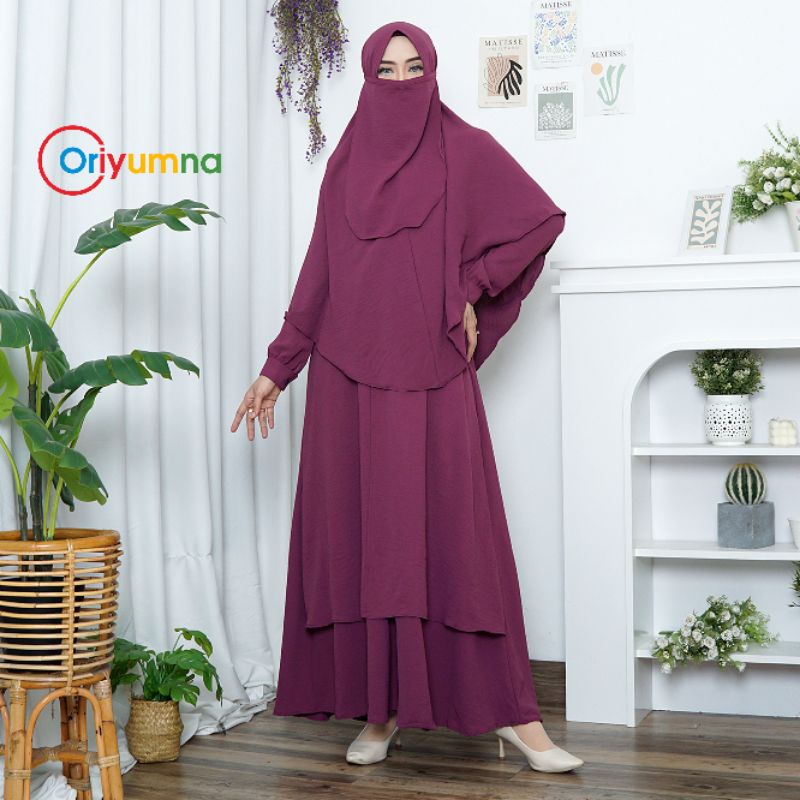 Oriyumna Baju Gamis Syari Set Cadar Setelan Khimar non pad  dan Cadar Bahan crinkle airflow premium