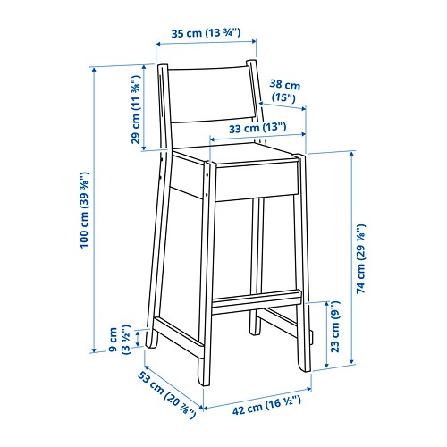 NORRAKER Kursi bar dengan sandaran, kayu birch, 74 cm