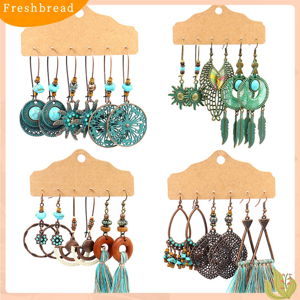 [TERLARIS]3Pairs Vintage Women Tassel Round Geometric Dangle Hook Earrings Set Jewelry