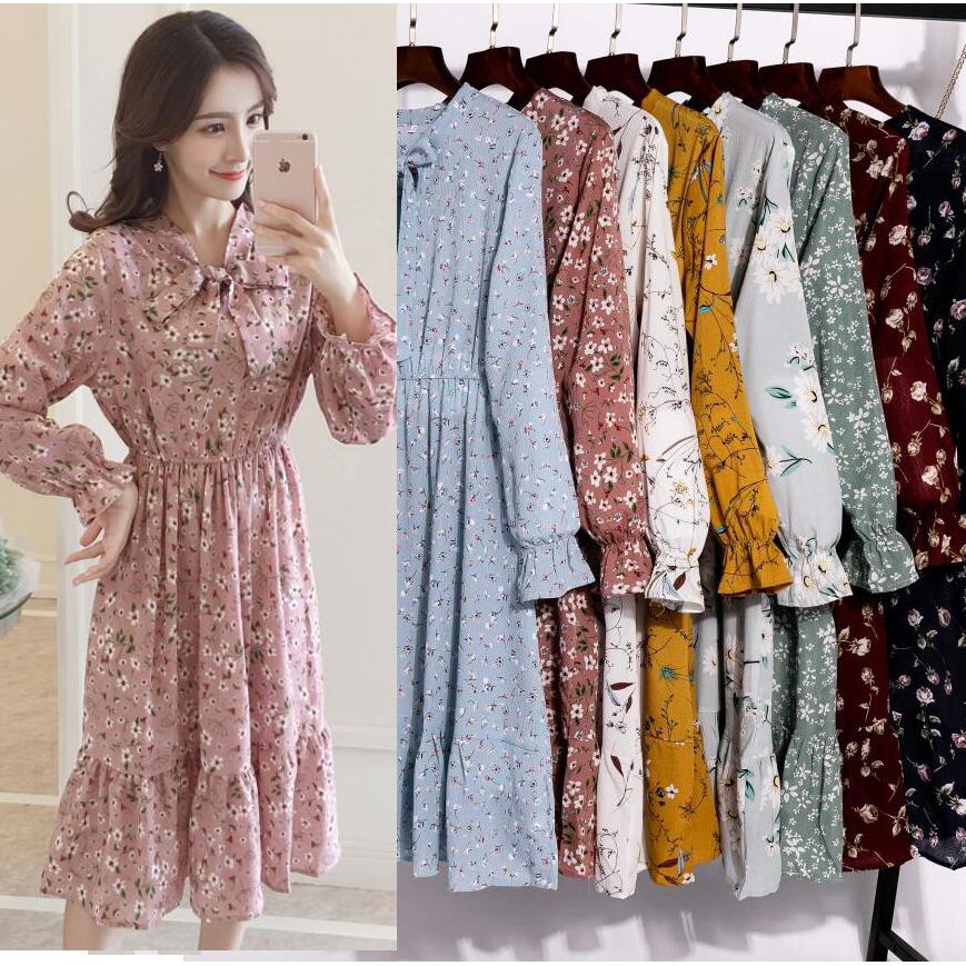 Pengiriman 24 Jam ✅Warna solid hitam merah Wanita midi dress korea lengan panjang Muslimah motif bun