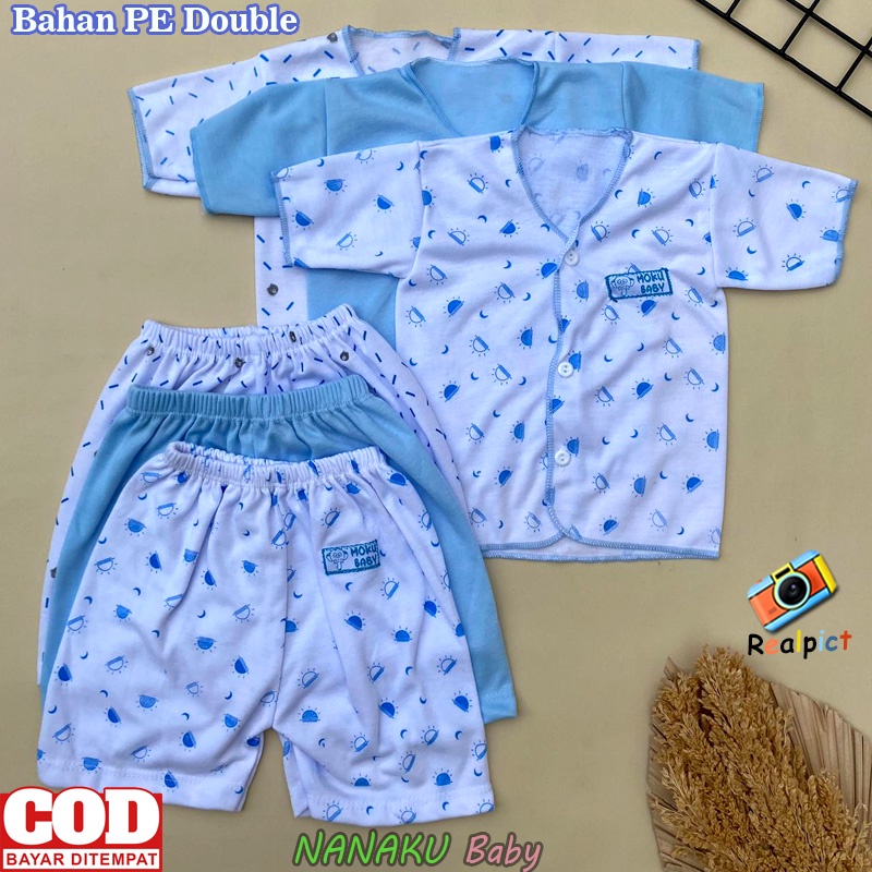 Isi 6 PCS Baju Newborn Bayi Celana Bayi Lengan Pendek Seri Biru Usia 0-3 Bulan