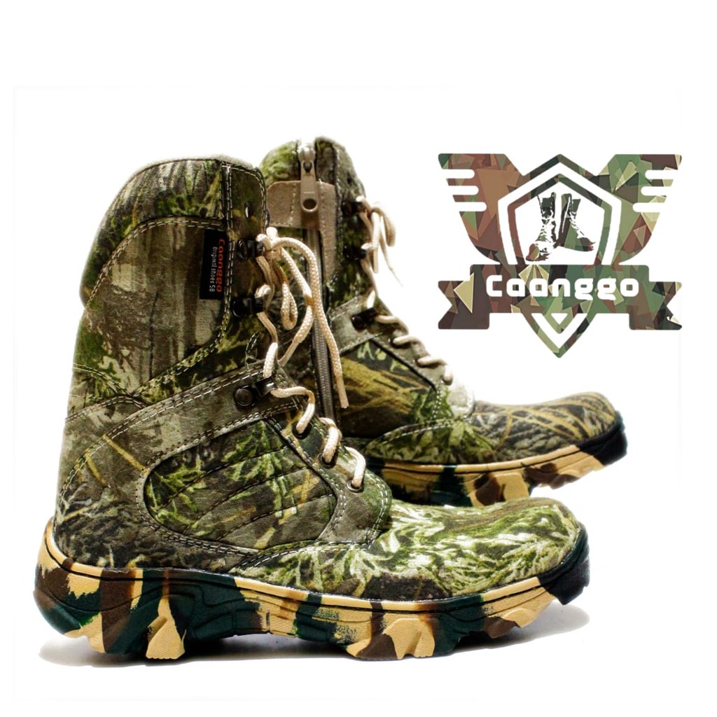 SEPATU SAFETY BOOTS MODEL CAMO HUNTING/BERBURU,SAFETY UJUNG BESI,TINGGI 8INC