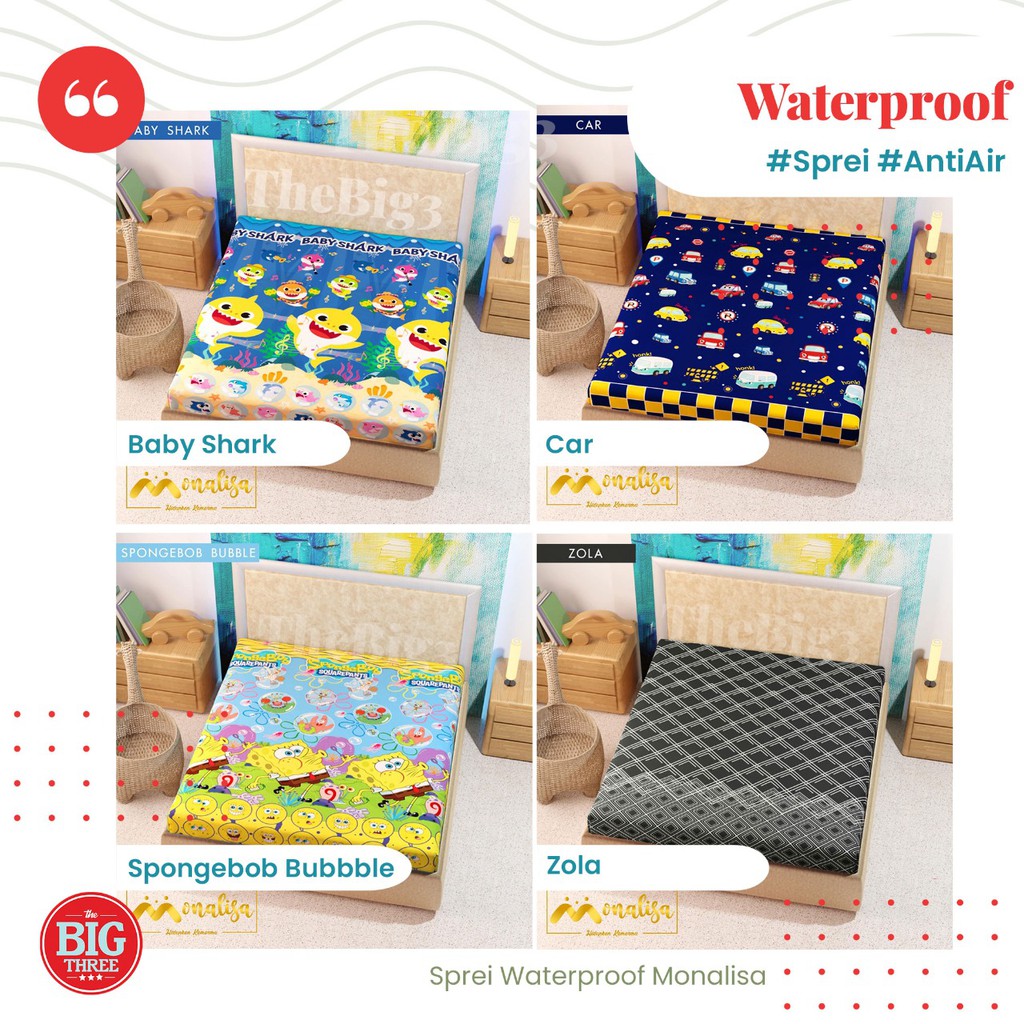 Sprei Waterproof 160x200 MONALISA - anti air water proof Cactus Tartan Paus Love Sick Bunny The Moons Cute Safari Madras Grey Dreaming Cats Rainbow Wild Animals Caramel Cars Snow Dino Doodle Driven QUEEN SP