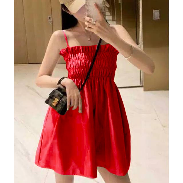 Semi Dress Kerut Tengah Tali Bahu Wanita Bahan Adem 847