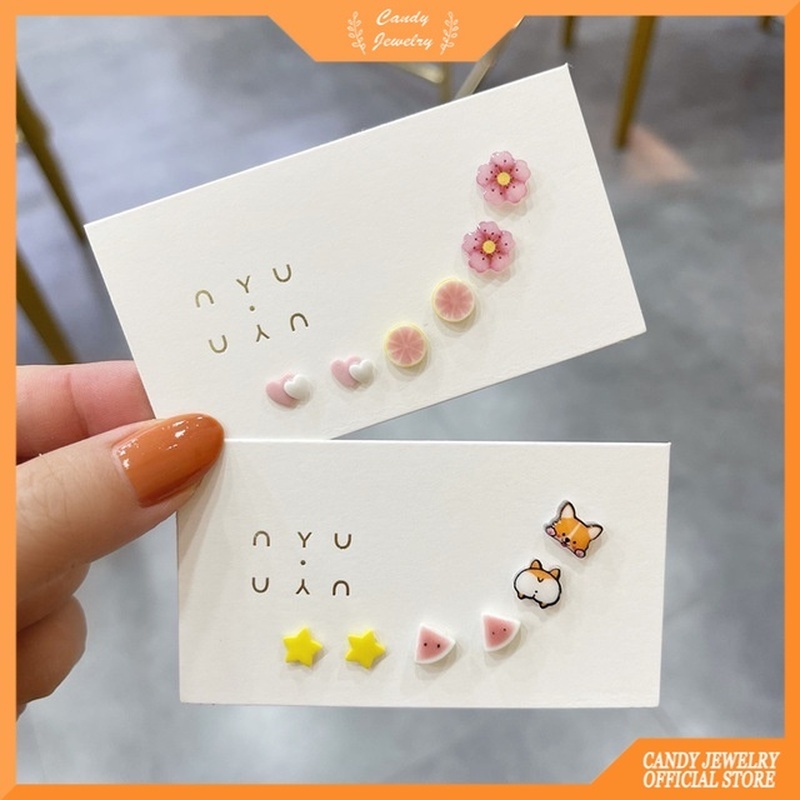 Anting Stud Desain Bintang Lemon Hati Bunga Cakar Kucing Lobak Air Bulan Kelinci Bahan Keramik Untuk Wanita