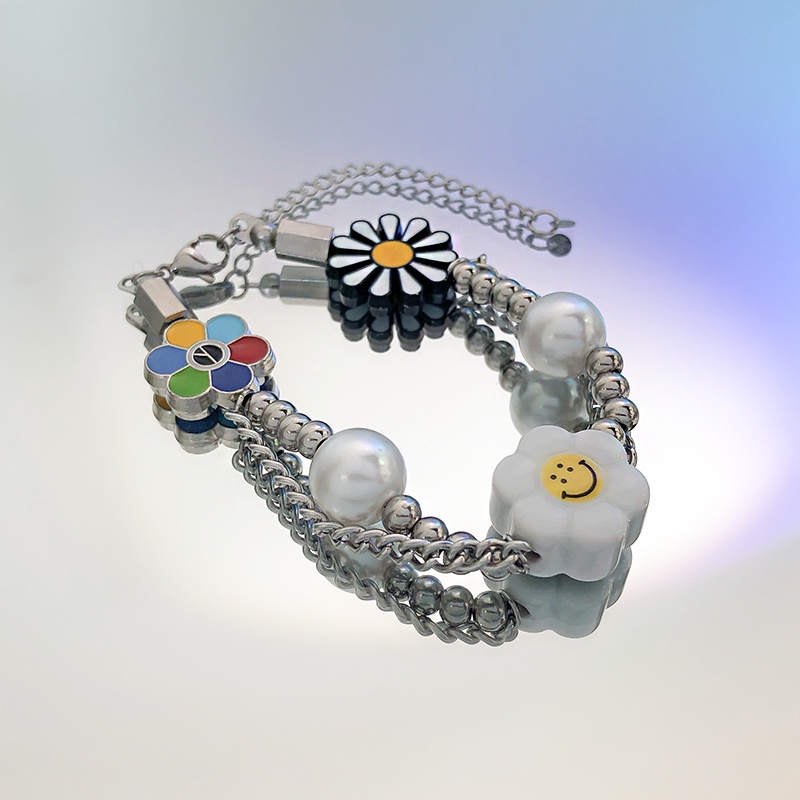 Smiley Daisy Stitching Pearl Bracelet Accessories Trendy Hip Hop