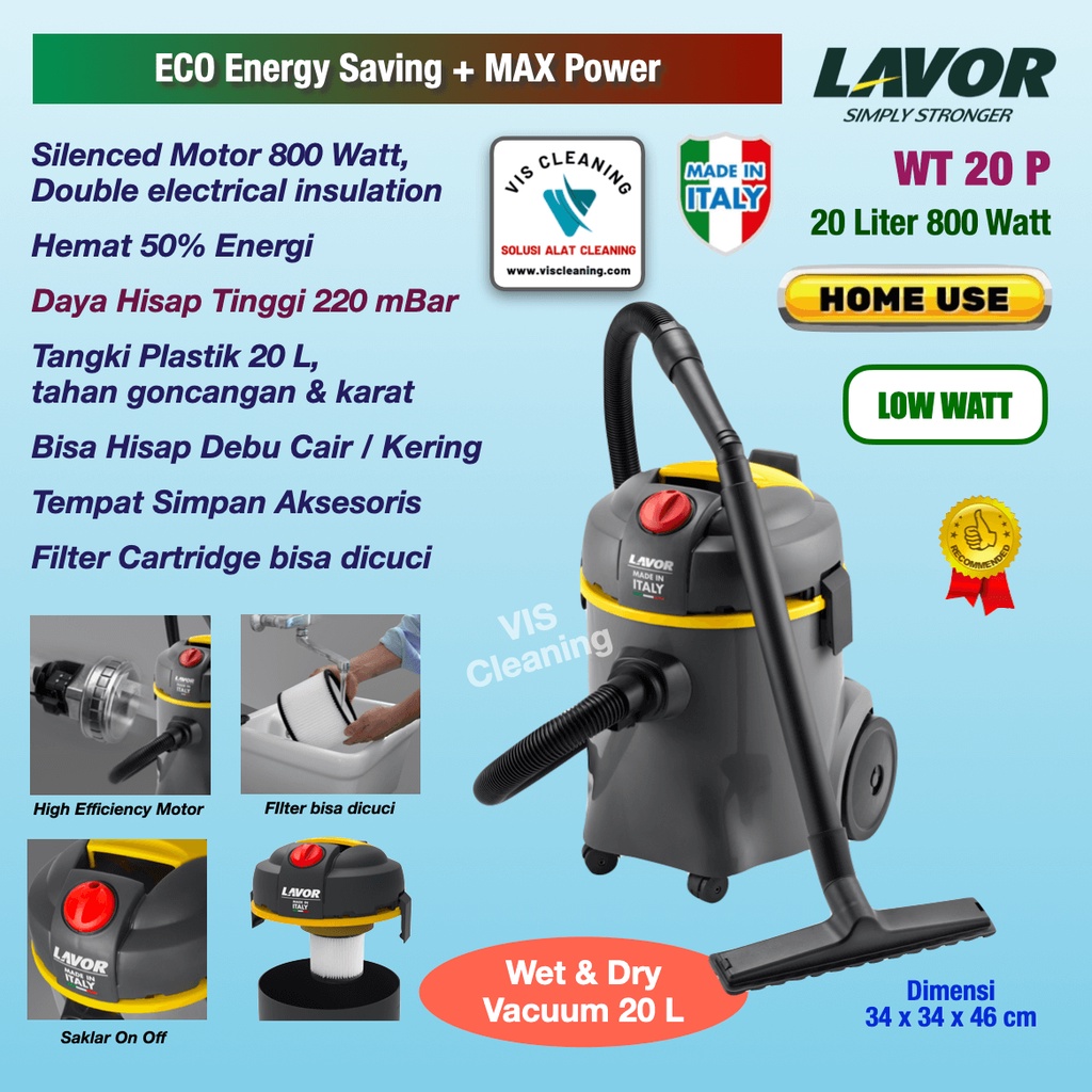 Vacuum Cleaner 20 L Low Watt High Power - Lavor WT 20 P (Plastic Body)