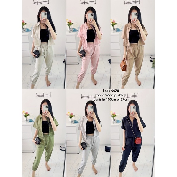 setelan joger wanita .stelan joger linen import.stelan top+celana joger polos import.oneset murah