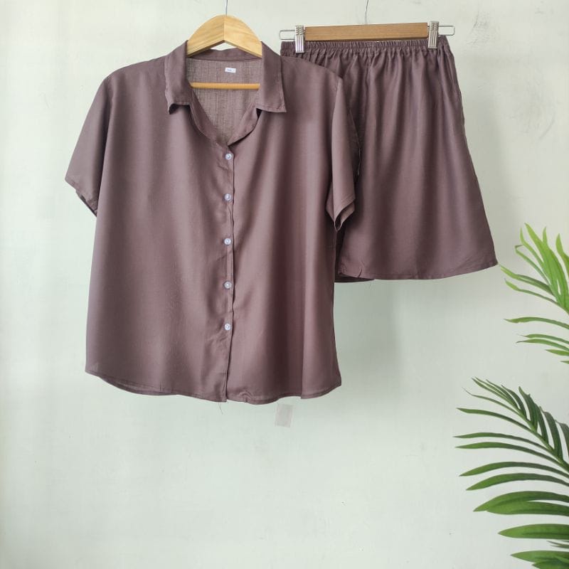 BEFAST - ZEC OOTD Wanita Setelan SIA / Piyama Kancing Pendek | Piyama Katun / Set Baju Tidur Wanita / Setelan Polos / Set Atasan Kemeja Lengan Pendek+Celana Pendek / Set Banyak Warna