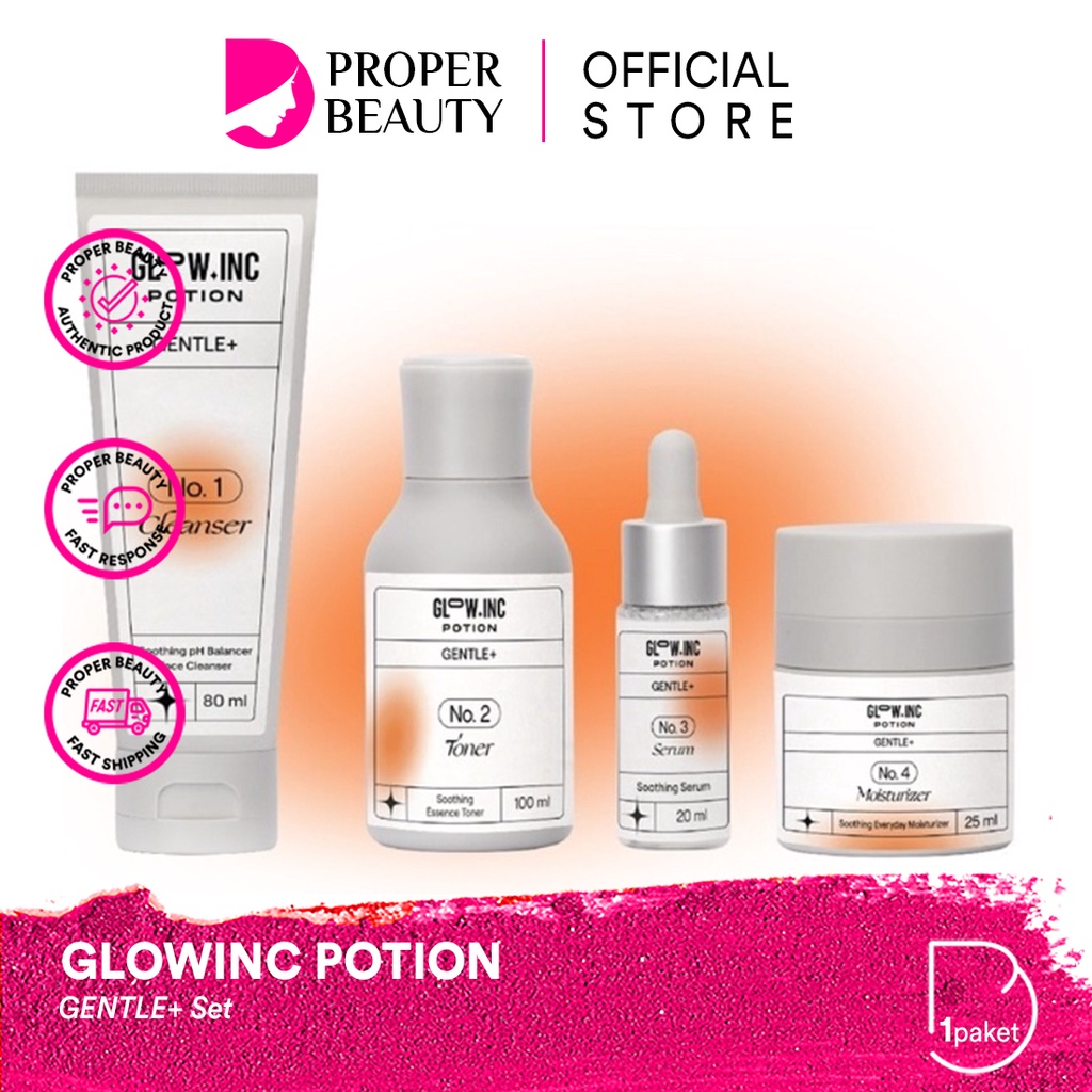 GLOWINC POTION GENTLE+ Set Indonesia / Soothing Chroma+ Bright Radiant Acnecore+ Clear AC Hydralive+ Moisture Lock Maintain+ Nutrient Skin Forever+ Pro Youth Seamless Cleanser Toner Essence Serum Ampoule Cream Moisturizer Mask Glow Inc Paket Full Package