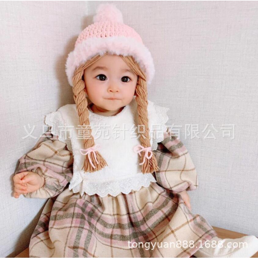 Topi Rajut Bayi Perempuan Rambut Kepang Palsu Bayi Perempuan Import Korea Baby Hat Model Snow