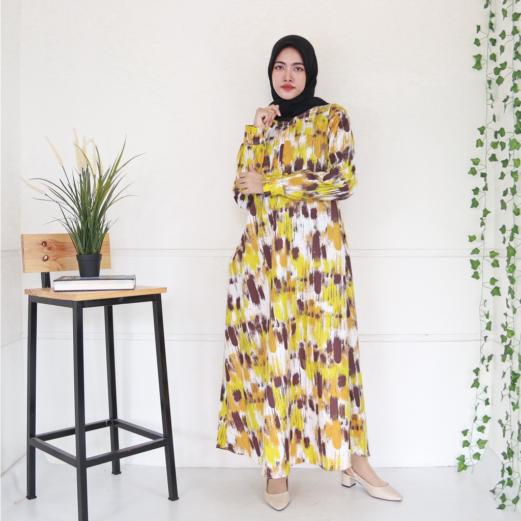 IZANY GAMIS / Dress Muslim XXL Jumbo Lengan Kancing Banyak Motif-ABSTRACT YELLOW