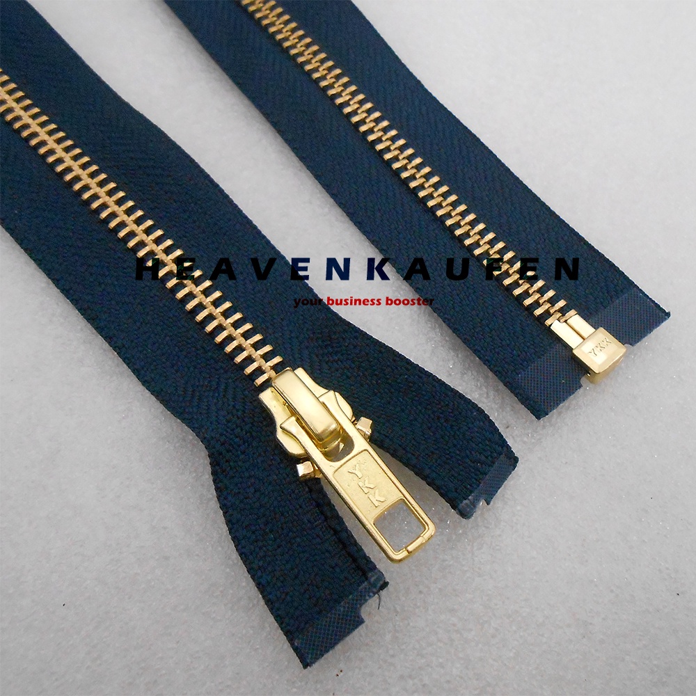 Resleting Zipper Jaket YKK 60 cm Atau 24 inch Type Gigi Besi Warna Biru Dongker Navy - Gold Emas Set Open End Buka Lepas