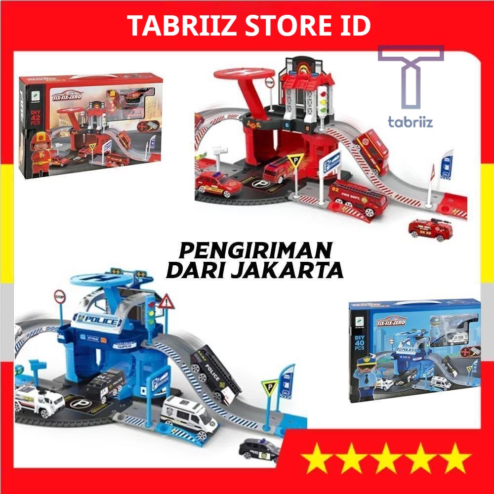 (COD) MAINAN ANAK COWOK MOBIL MOBILAN PEMADAM KEBAKARAN GARASI PARKING AREA TRACK HADIAH ANAK