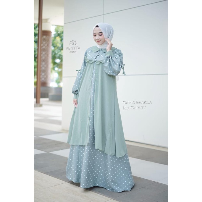 GAMIS set blezer 2 IN1 ORI VENYTA LULI outer DRESS PLUS OUTHER SHAKILA MIX CERUTY KOMBINASI MOTIF POLKADOT