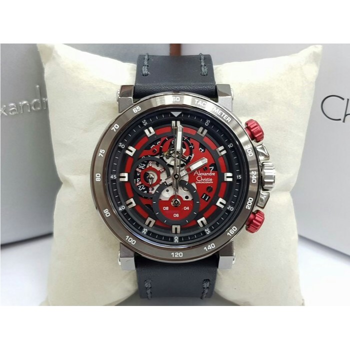 ALEXANDRE CHRISTIE WATCH AC 6429 PRIA GREY RED LEATHER BLACK ORIGINAL
