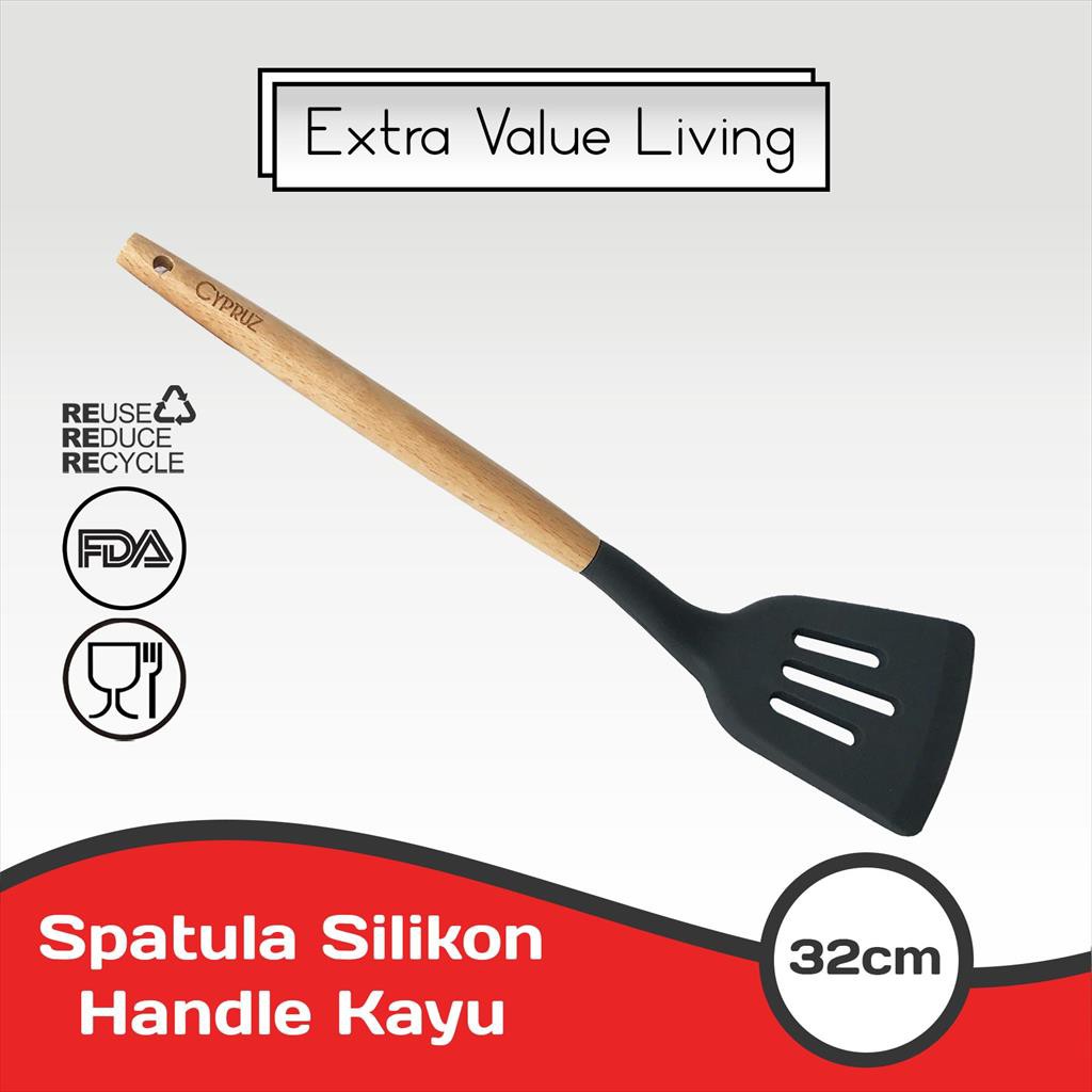 CYPRUZ Spatula Silikon Turner Lubang Abu Gagang Kayu Slotted Turner Spatula Masak EVL-AM-0931-AU-TL