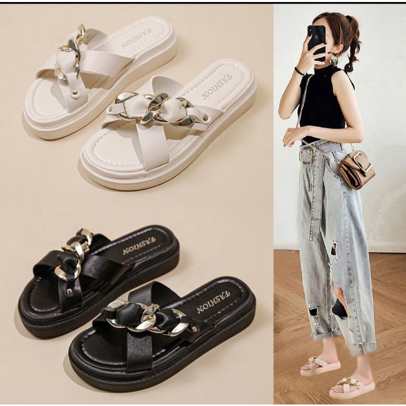 Sandal Slop Wanita Fashion Import Premium Quality DF 554 Terbaru Korean Style Sendal Kulit Tasya Viral Kekinian NF2029 Bisa Cod