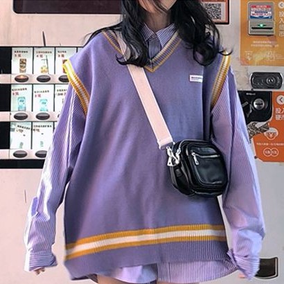 Atasan rompi wanita sweater rajutan tanpa lengan longgar ungu lilac biru
