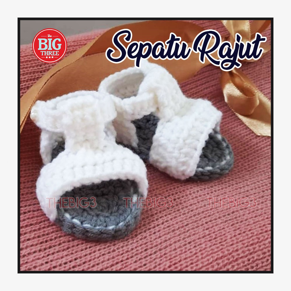 Sepatu Kaos Kaki Rajut Bayi Newborn Cewek Perempuan - Sandal Putih white grey Rajutan Handmade PO