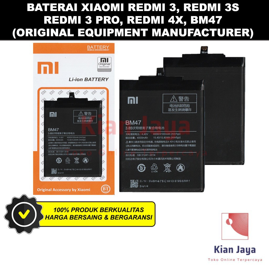 Baterai Redmi 3, 3S, 3 Pro, 3X, 4X BM47 Original OEM Battery Batrai Batre Handphone Hp BM 47 Ori