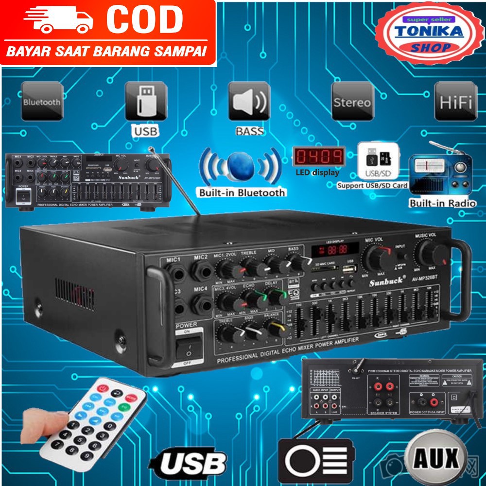 Bluetooth EQ Audio power Amplifier digital echo mixer Karaoke Home Theater Sunbuck 2000W AV-326BT