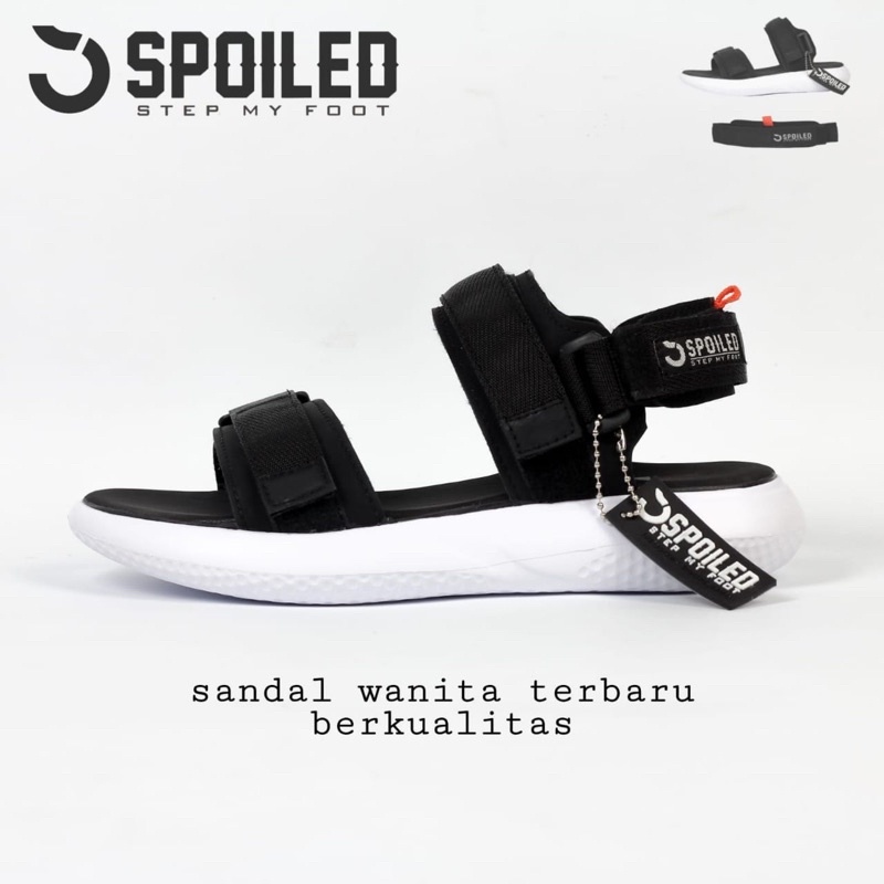 Spoiled - Black White Sandal Cewek/Wanita Perempuan Murah /Sendal Tali Karet/Sepatu Gunung Traveling